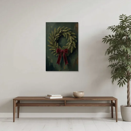 Christmas Wreath Painting with a Velvet Bow - Canvas Wall Art - Coffee Table - 24x36