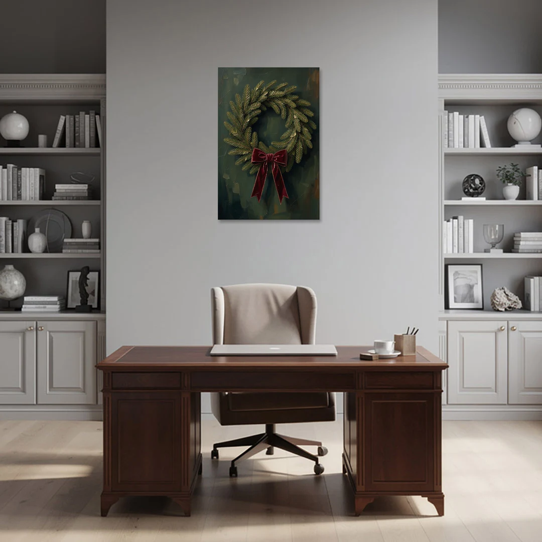 Christmas Wreath Painting with a Velvet Bow - Canvas Wall Art - Office - 24x36