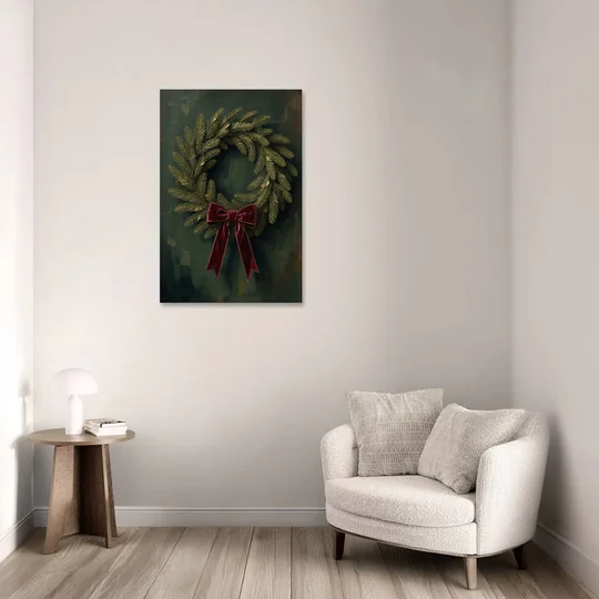 Christmas Wreath Painting with a Velvet Bow - Canvas Wall Art - Sofa - 24x36