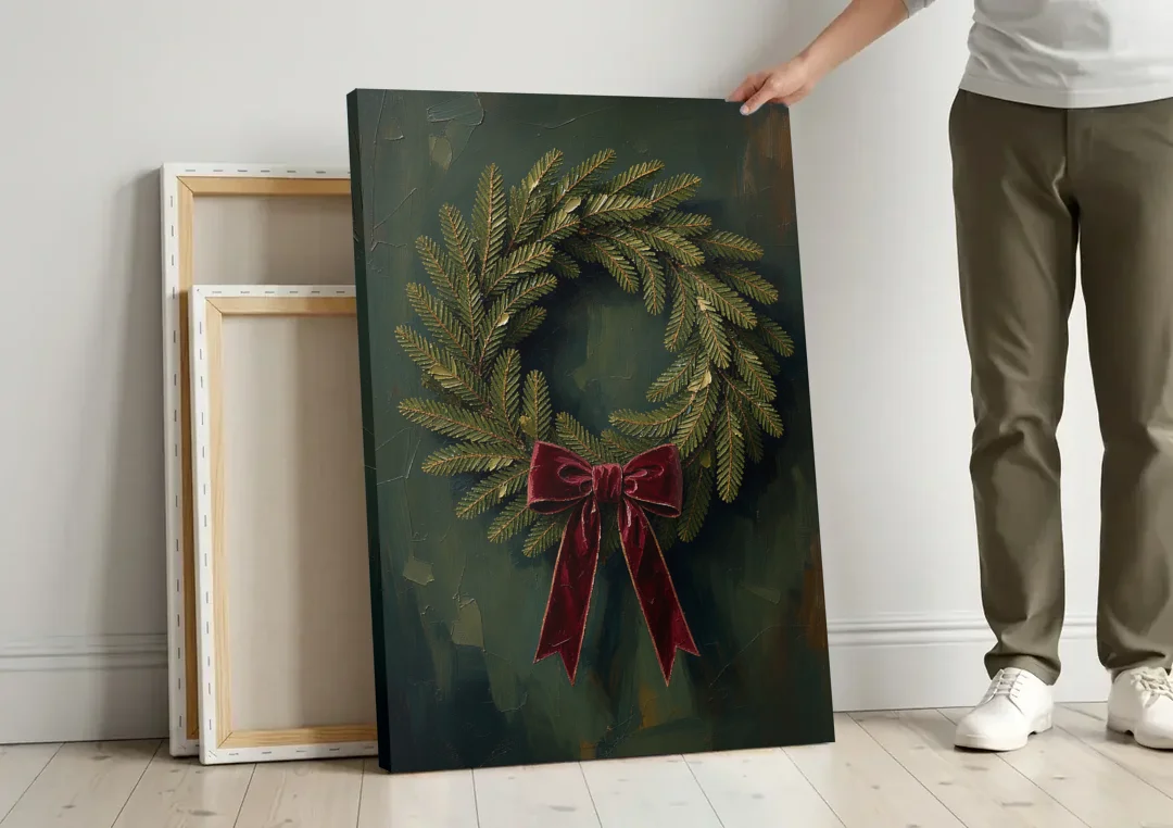 Christmas Wreath Painting with a Velvet Bow canvas wall art leaning against a wall next to blank canvases