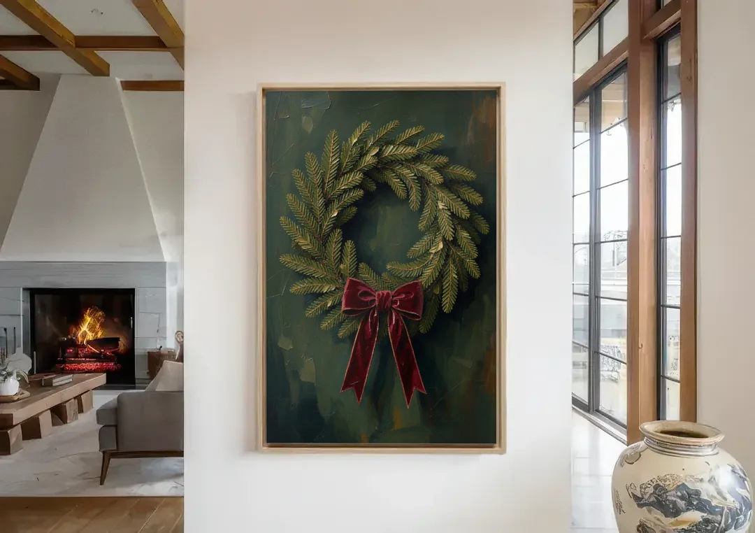 Christmas Wreath Painting with a Velvet Bow canvas wall art in a living room with a fireplace