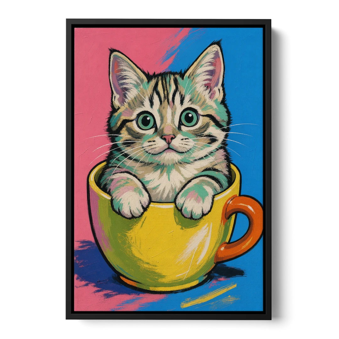 Chubby Kitten Stuck in a Yellow Mug - Black Framed Canvas Wall Art - Front