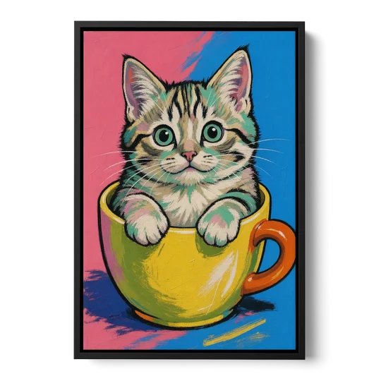 Chubby Kitten Stuck in a Yellow Mug - Black Framed Canvas Wall Art - Front