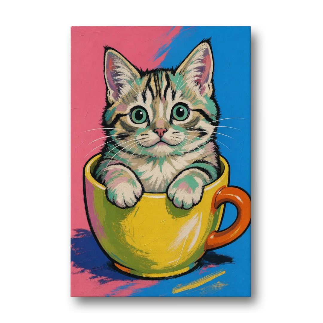Chubby Kitten Stuck in a Yellow Mug - Canvas Wall Art - Front