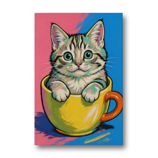 Chubby Kitten Stuck in a Yellow Mug - Canvas Wall Art - Front