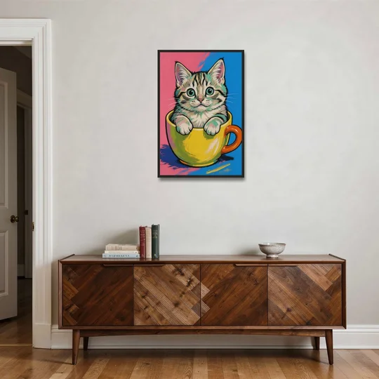 Chubby Kitten Stuck in a Yellow Mug - Black Framed Canvas Wall Art - Coffee Table - 24x36