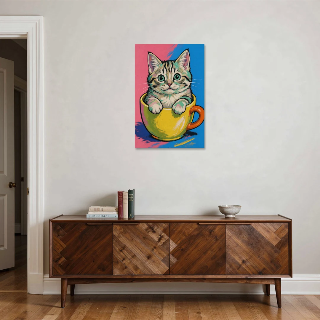 Chubby Kitten Stuck in a Yellow Mug - Canvas Wall Art - Coffee Table - 24x36