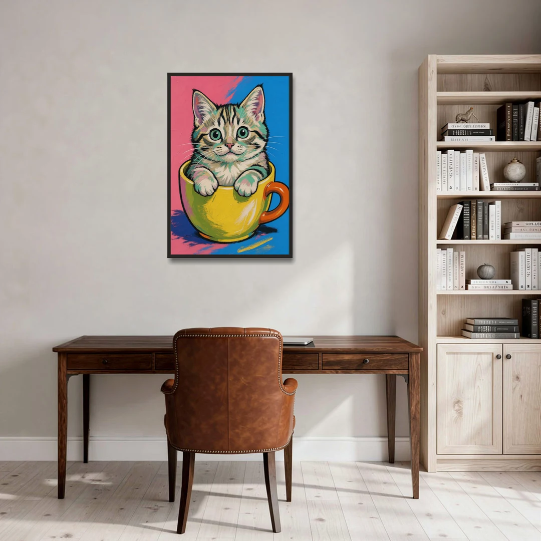 Chubby Kitten Stuck in a Yellow Mug - Black Framed Canvas Wall Art - Office - 24x36