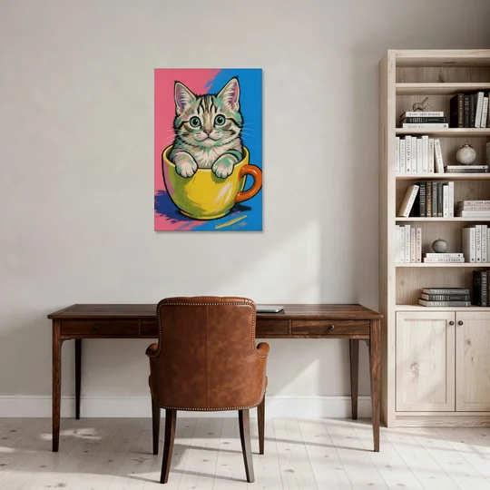 Chubby Kitten Stuck in a Yellow Mug - Canvas Wall Art - Office - 24x36