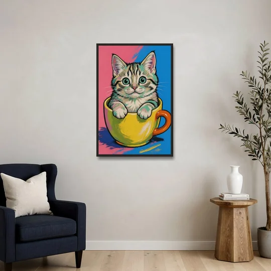 Chubby Kitten Stuck in a Yellow Mug - Black Framed Canvas Wall Art - Sofa - 24x36