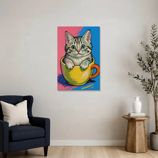 Chubby Kitten Stuck in a Yellow Mug - Canvas Wall Art - Sofa - 24x36