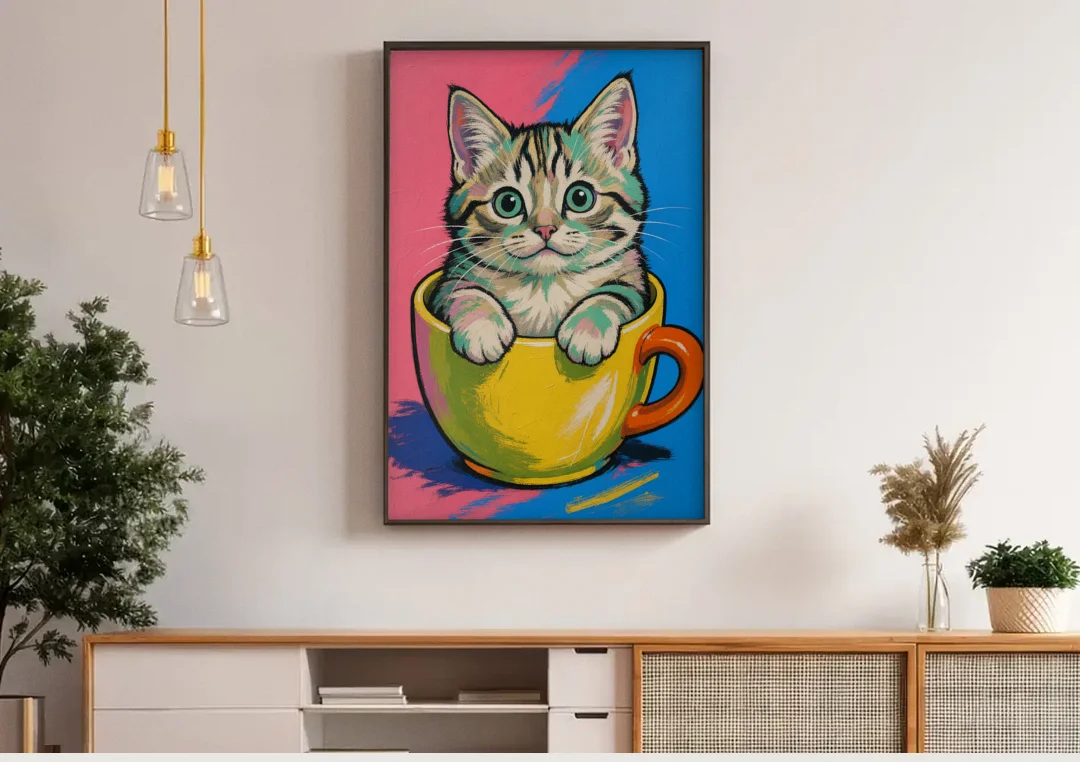Chubby Kitten Stuck in a Yellow Mug canvas wall art above a wooden sideboard under pendant lights