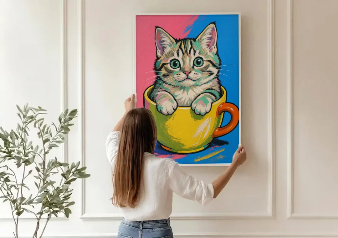 Chubby Kitten Stuck in a Yellow Mug canvas wall art being hung on a paneled wall