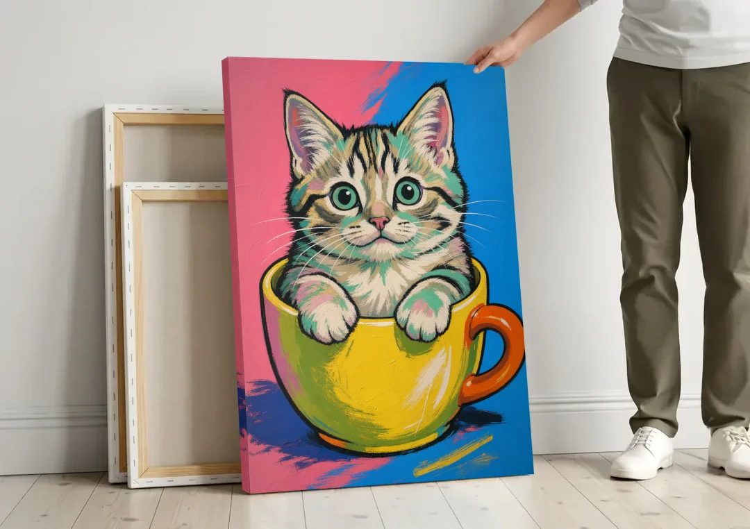 Chubby Kitten Stuck in a Yellow Mug canvas wall art leaning against a wall next to blank canvases