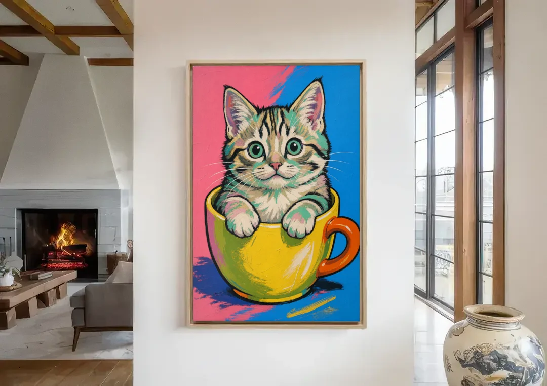 Chubby Kitten Stuck in a Yellow Mug canvas wall art in a living room with a fireplace