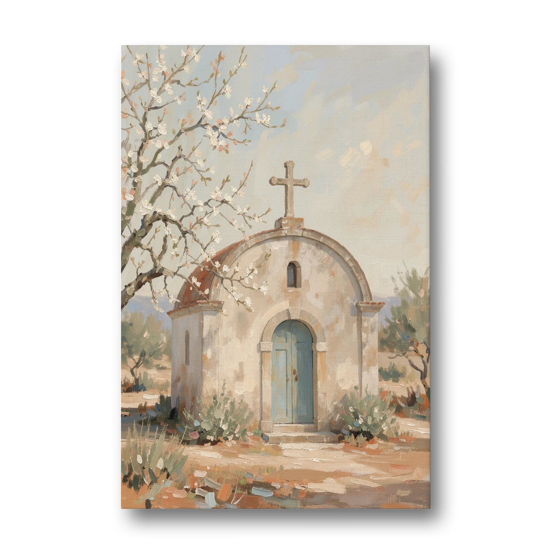 Church Wall Art of a Chapel in Almond Blossom - Canvas Wall Art - Front