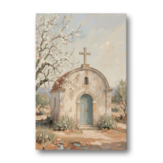 Church Wall Art of a Chapel in Almond Blossom - Canvas Wall Art - Front