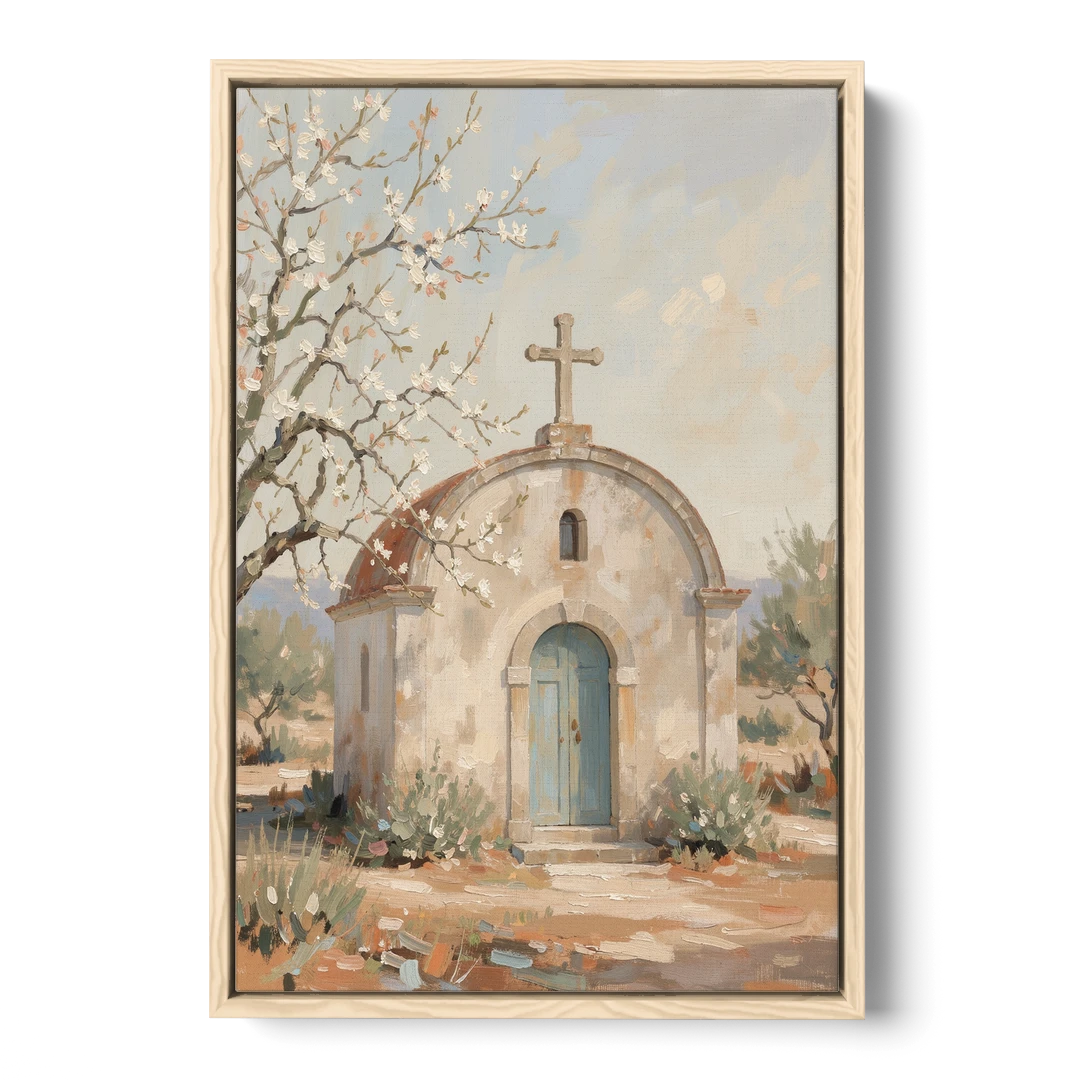 Church Wall Art of a Chapel in Almond Blossom - Oak Framed Canvas Wall Art - Front