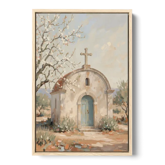 Church Wall Art of a Chapel in Almond Blossom - Oak Framed Canvas Wall Art - Front