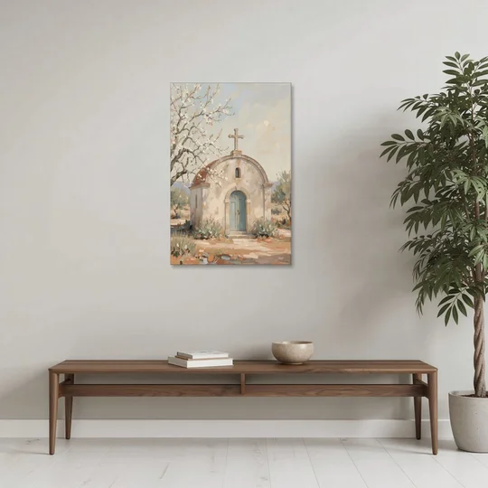 Church Wall Art of a Chapel in Almond Blossom - Canvas Wall Art - Coffee Table - 24x36