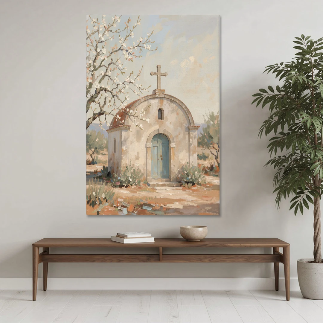 Church Wall Art of a Chapel in Almond Blossom - Canvas Wall Art - Coffee Table - 40x60