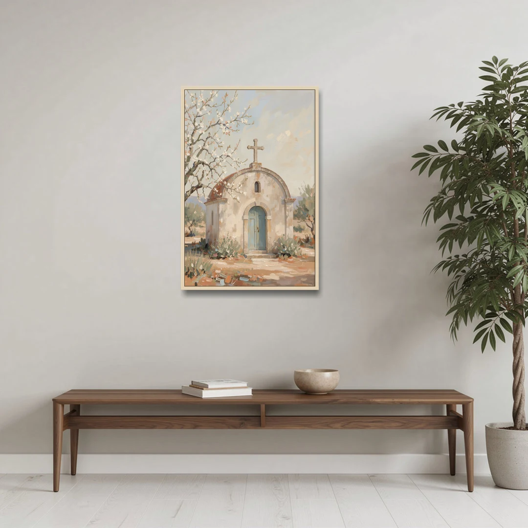 Church Wall Art of a Chapel in Almond Blossom - Oak Framed Canvas Wall Art - Coffee Table - 24x36