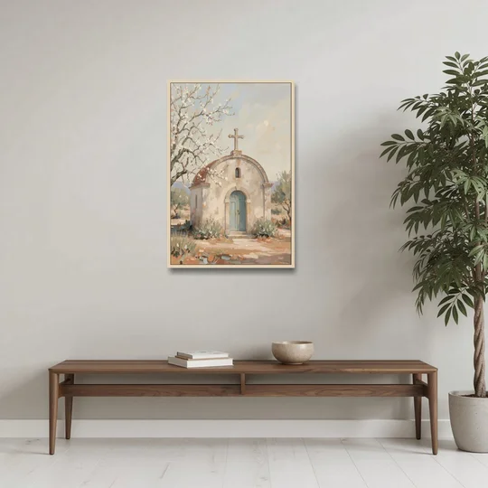 Church Wall Art of a Chapel in Almond Blossom - Oak Framed Canvas Wall Art - Coffee Table - 24x36