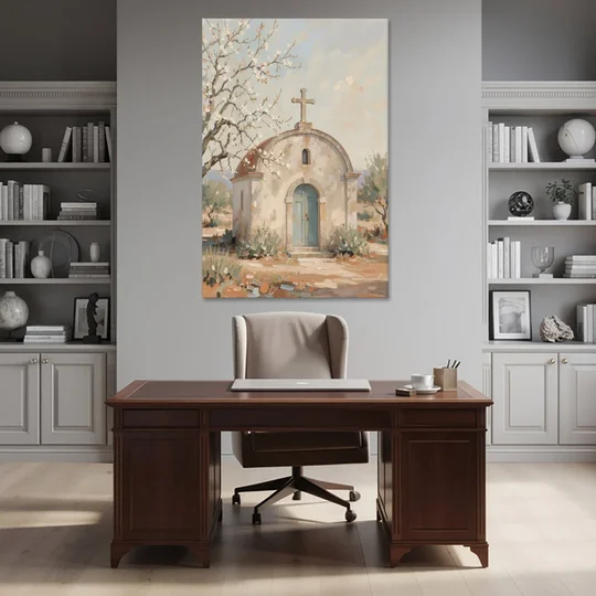 Church Wall Art of a Chapel in Almond Blossom - Canvas Wall Art - Office - 40x60