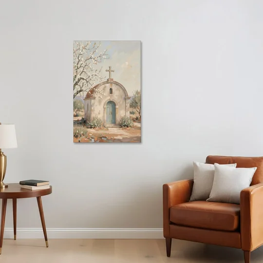 Church Wall Art of a Chapel in Almond Blossom - Canvas Wall Art - Sofa - 24x36