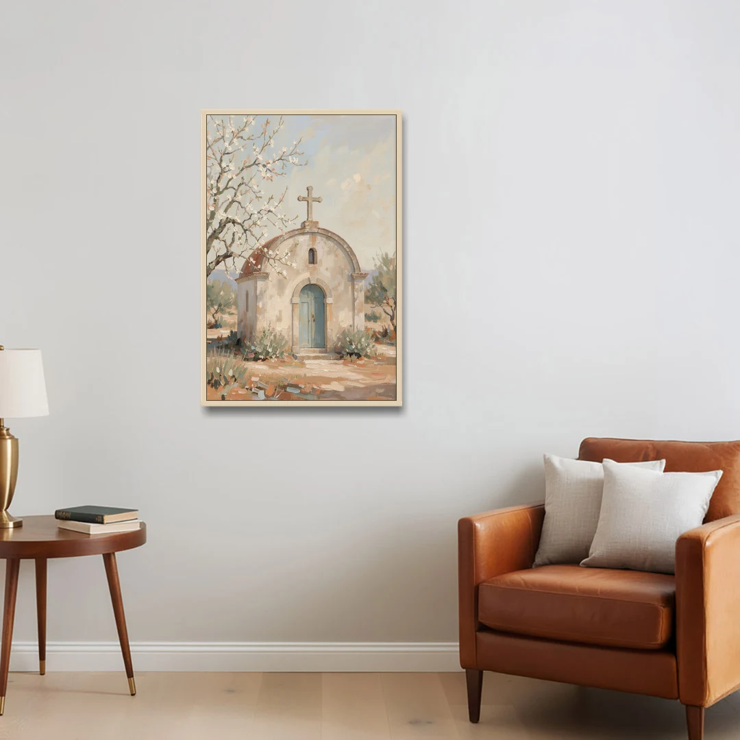 Church Wall Art of a Chapel in Almond Blossom - Oak Framed Canvas Wall Art - Sofa - 24x36
