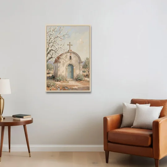 Church Wall Art of a Chapel in Almond Blossom - Oak Framed Canvas Wall Art - Sofa - 24x36