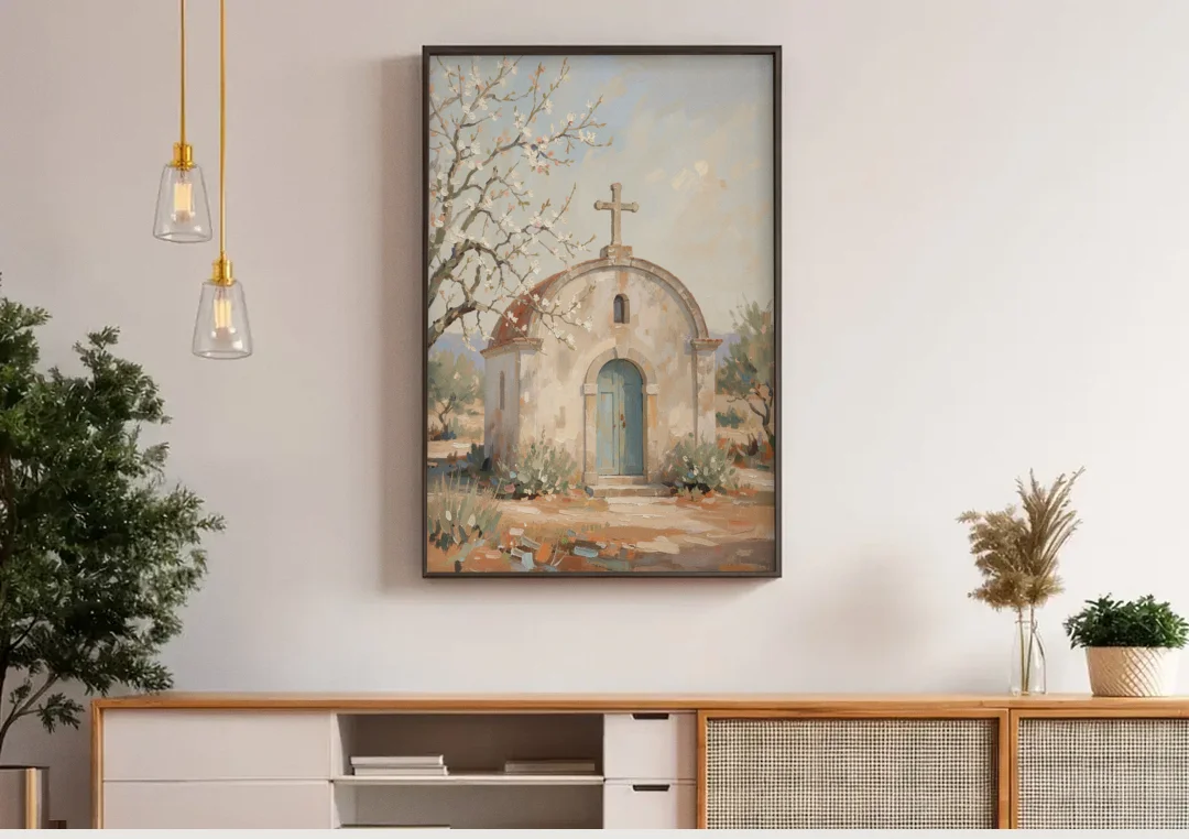 Church Wall Art of a Chapel in Almond Blossom canvas wall art above a wooden sideboard under pendant lights