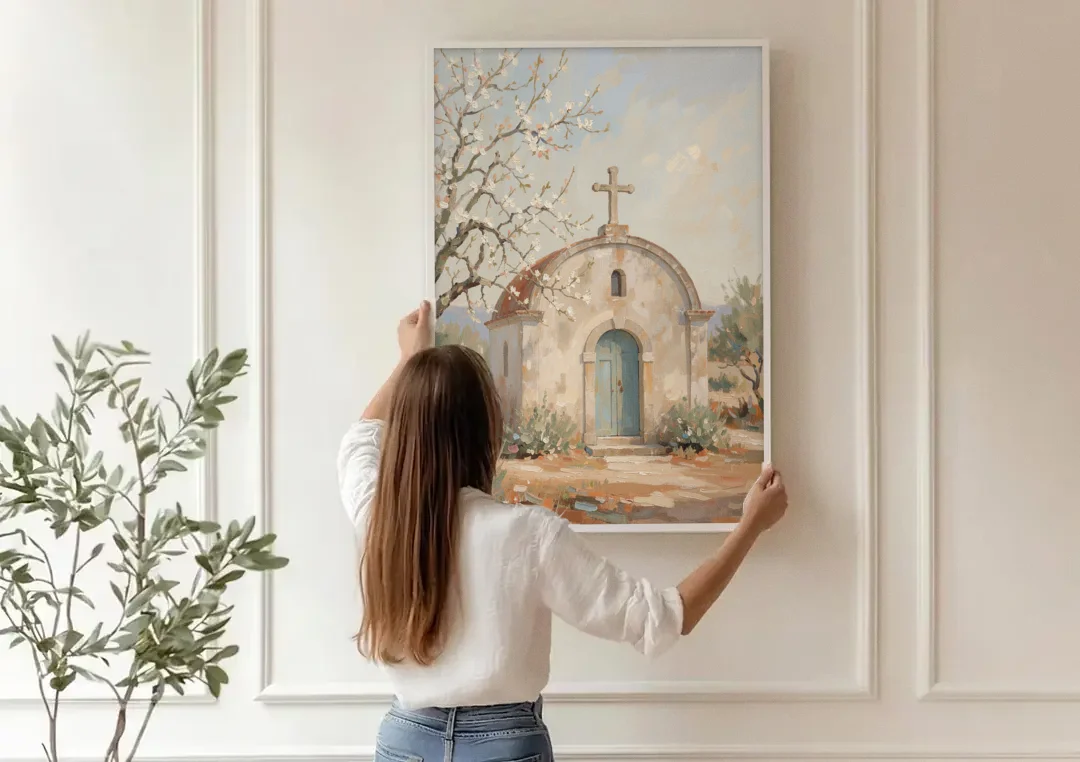 Church Wall Art of a Chapel in Almond Blossom canvas wall art being hung on a paneled wall
