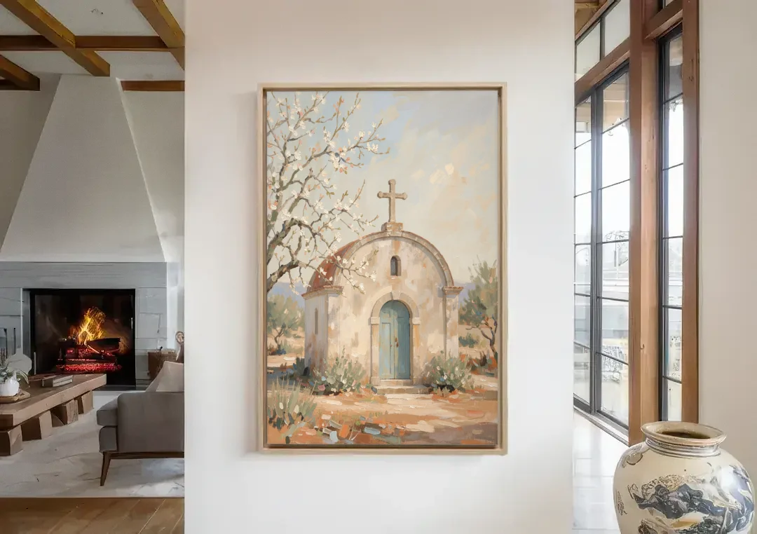 Church Wall Art of a Chapel in Almond Blossom canvas wall art in a living room with a fireplace