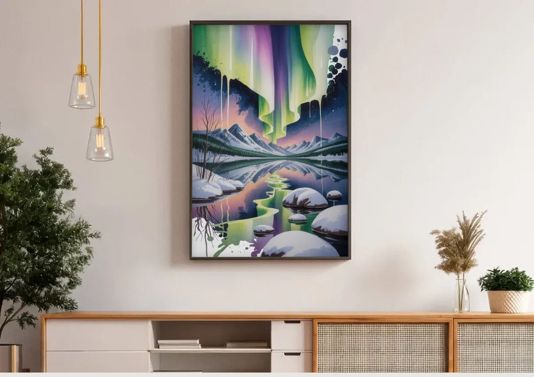 Churchill Northern Lights canvas wall art above a wooden sideboard under pendant lights