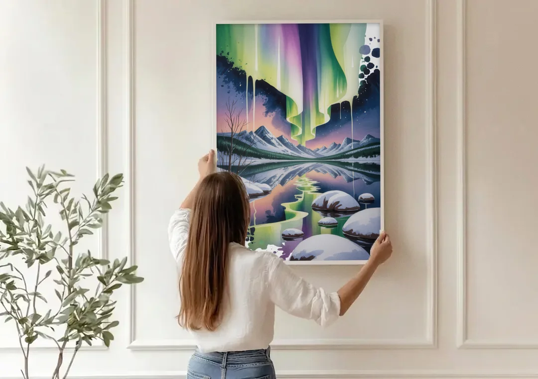 Churchill Northern Lights canvas wall art being hung on a paneled wall