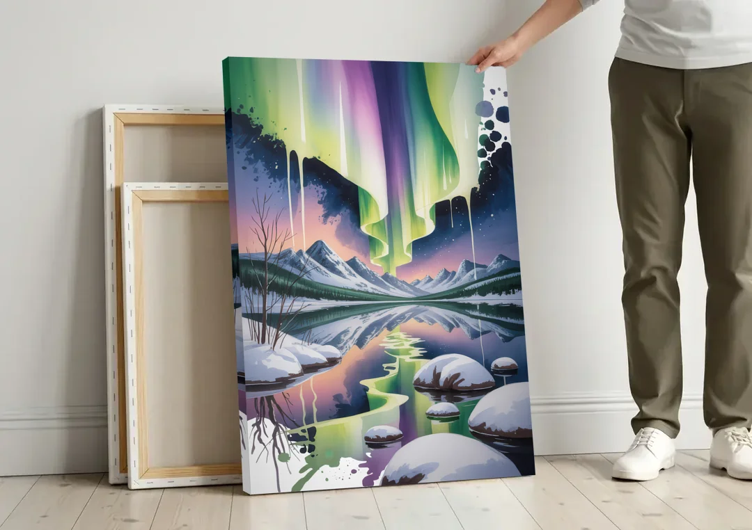 Churchill Northern Lights canvas wall art leaning against a wall next to blank canvases