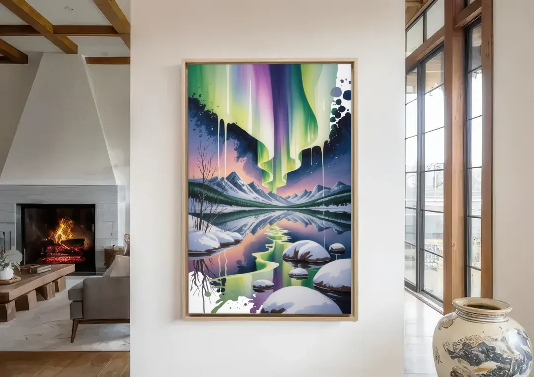 Churchill Northern Lights canvas wall art in a living room with a fireplace