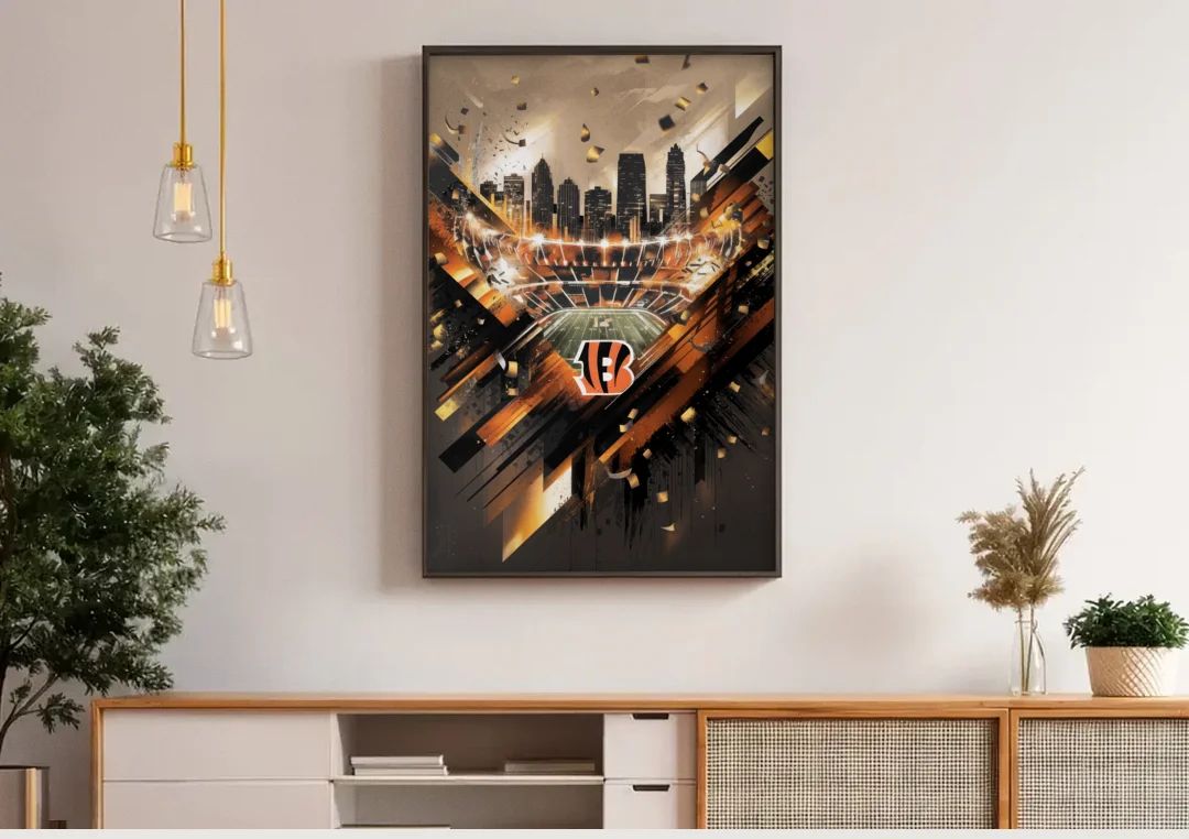 Cincinnati Bengals AFC Championship Celebration canvas wall art above a wooden sideboard under pendant lights