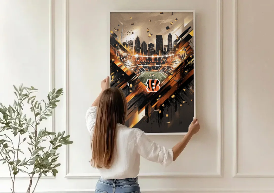 Cincinnati Bengals AFC Championship Celebration canvas wall art being hung on a paneled wall
