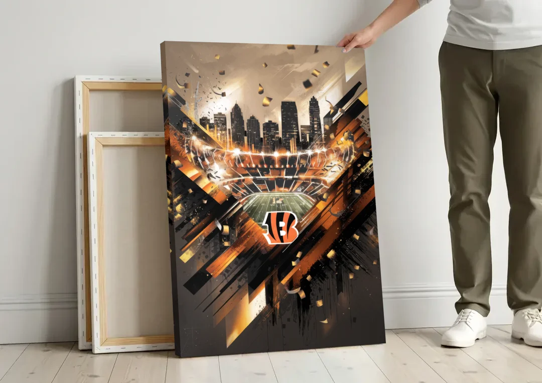 Cincinnati Bengals AFC Championship Celebration canvas wall art leaning against a wall next to blank canvases