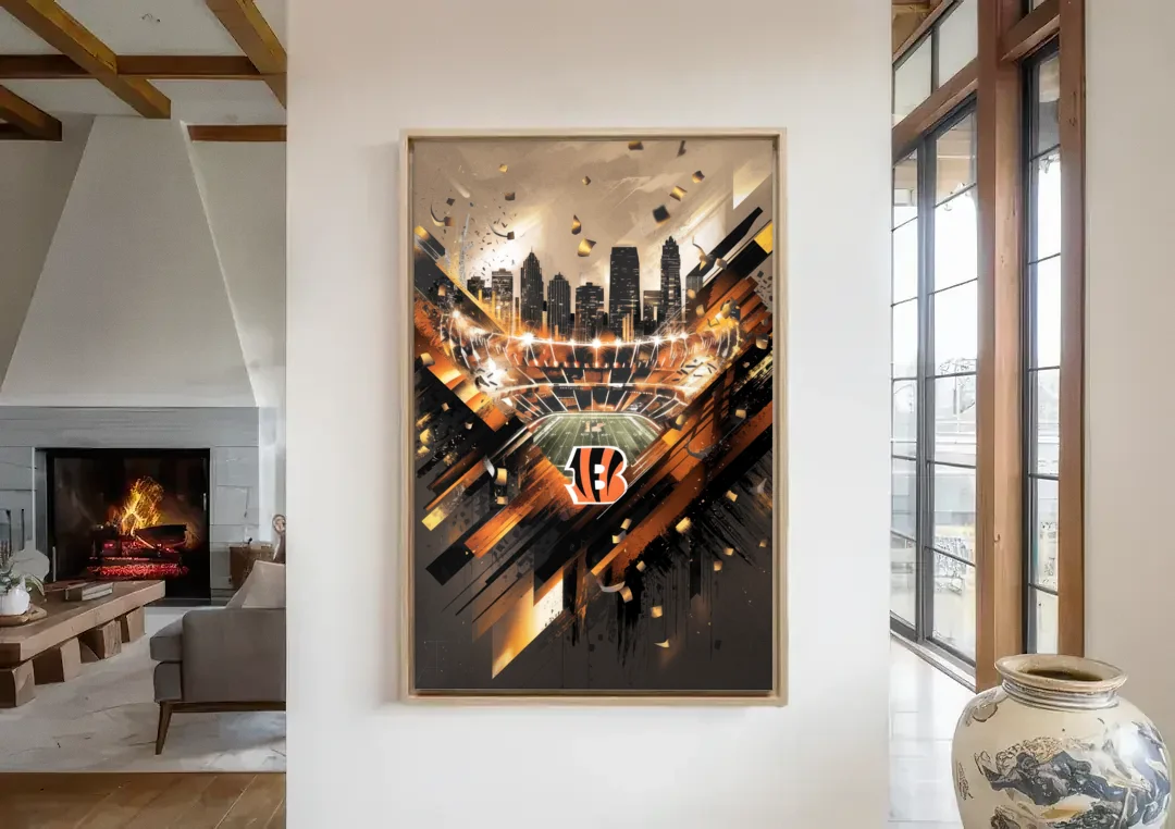 Cincinnati Bengals AFC Championship Celebration canvas wall art in a living room with a fireplace