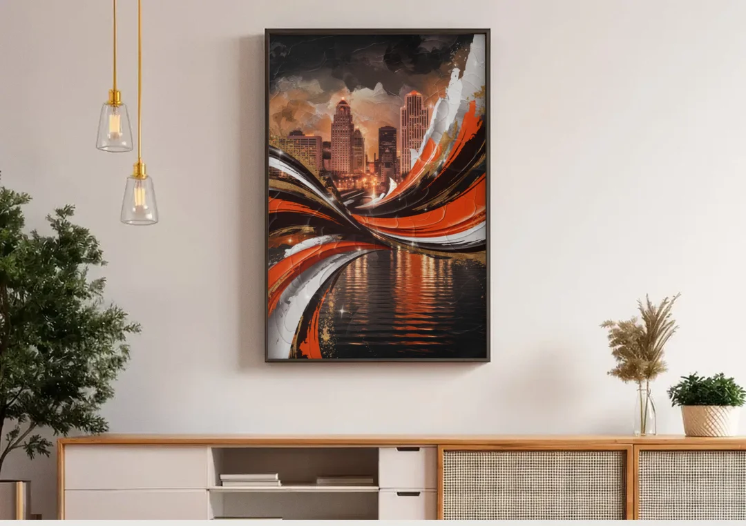 Cincinnati Bengals Championship Parade canvas wall art above a wooden sideboard under pendant lights