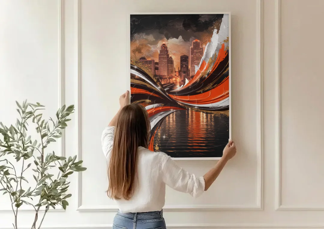 Cincinnati Bengals Championship Parade canvas wall art being hung on a paneled wall