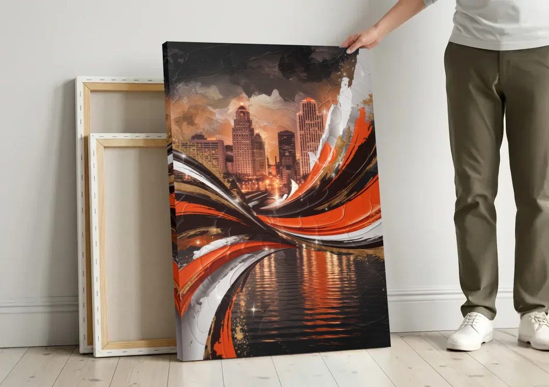 Cincinnati Bengals Championship Parade canvas wall art leaning against a wall next to blank canvases