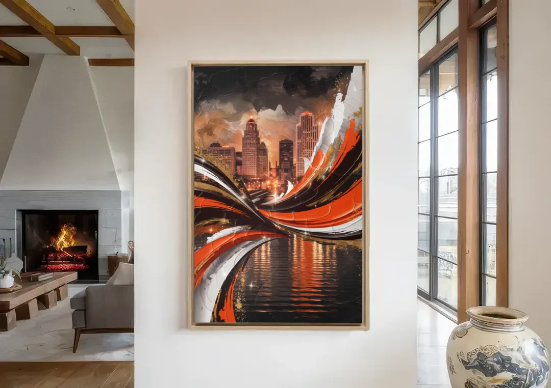 Cincinnati Bengals Championship Parade canvas wall art in a living room with a fireplace
