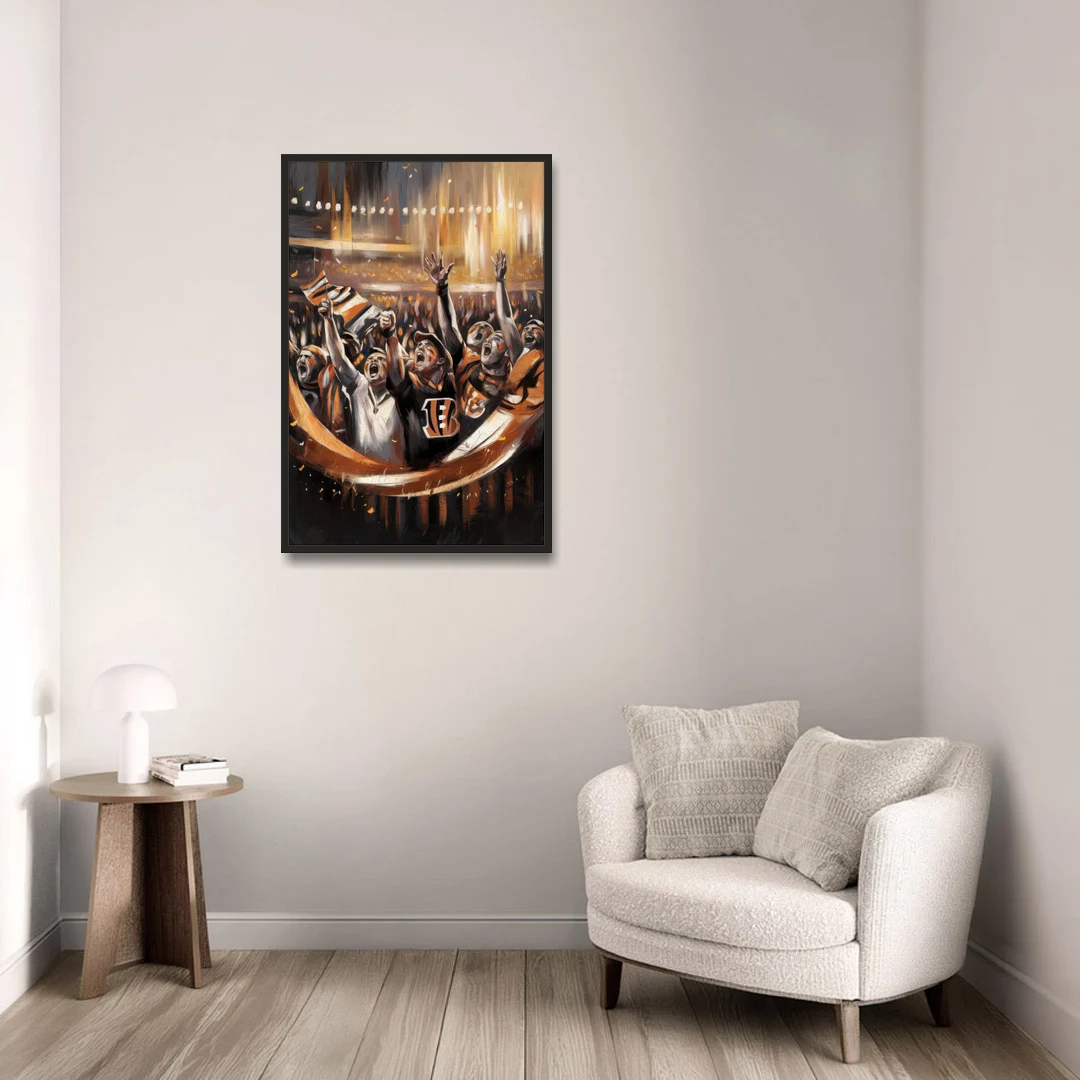 Cincinnati Bengals Fans in Action - Black Framed Canvas Wall Art - Sofa - 24x36