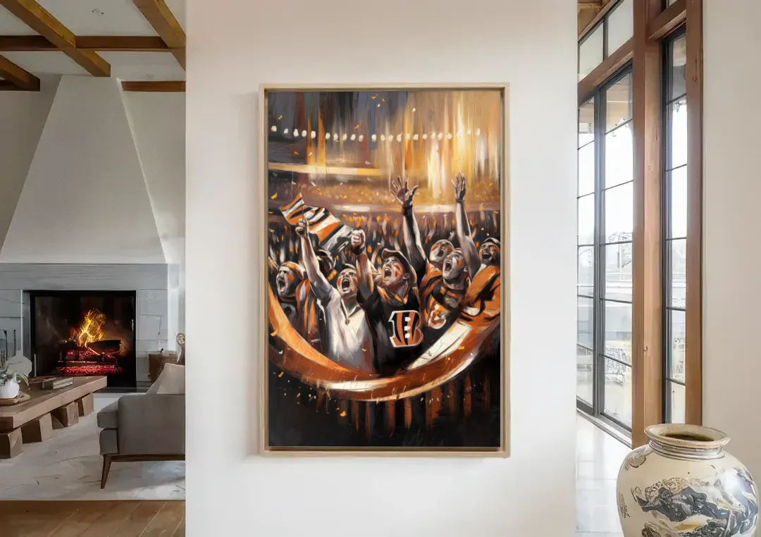 Cincinnati Bengals Fans in Action canvas wall art in a living room with a fireplace