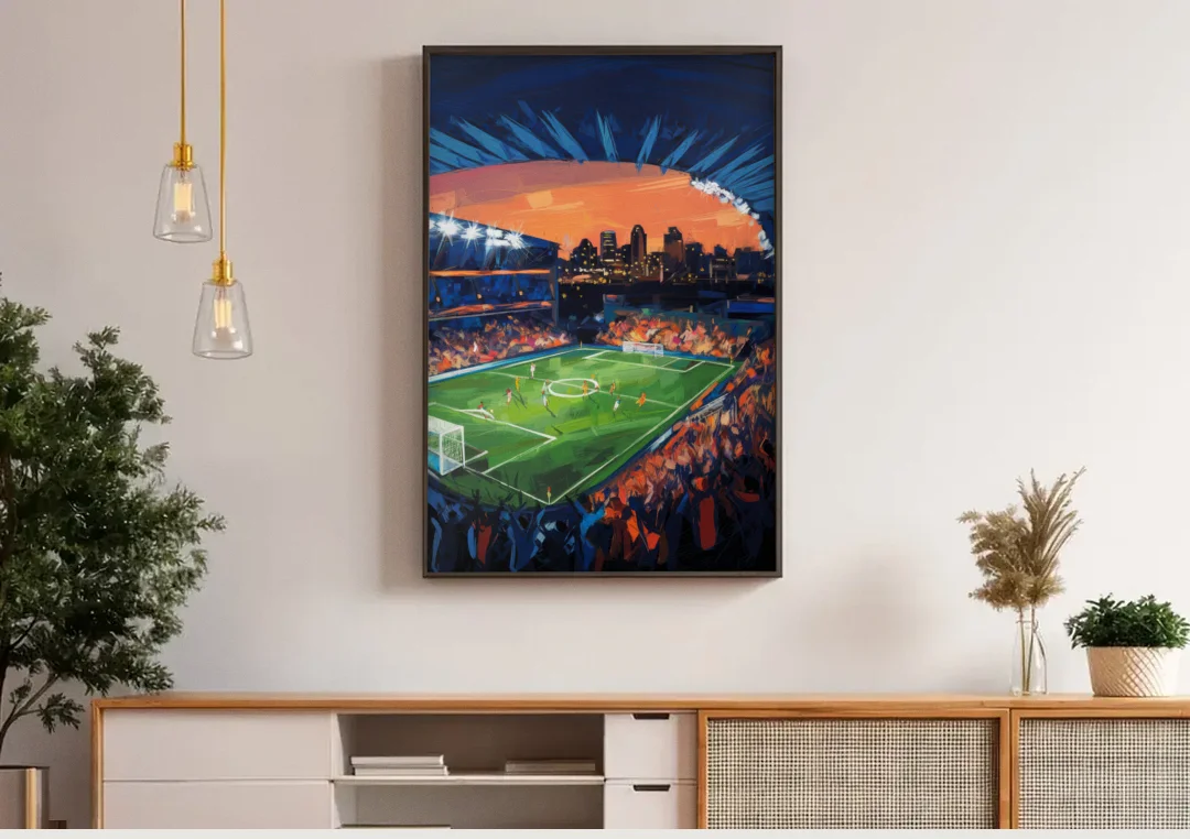 Cincinnati FC Stadium Lights canvas wall art above a wooden sideboard under pendant lights