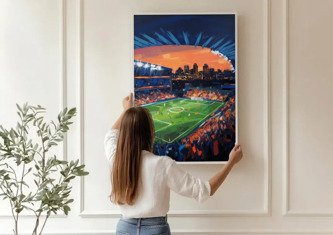 Cincinnati FC Stadium Lights canvas wall art being hung on a paneled wall